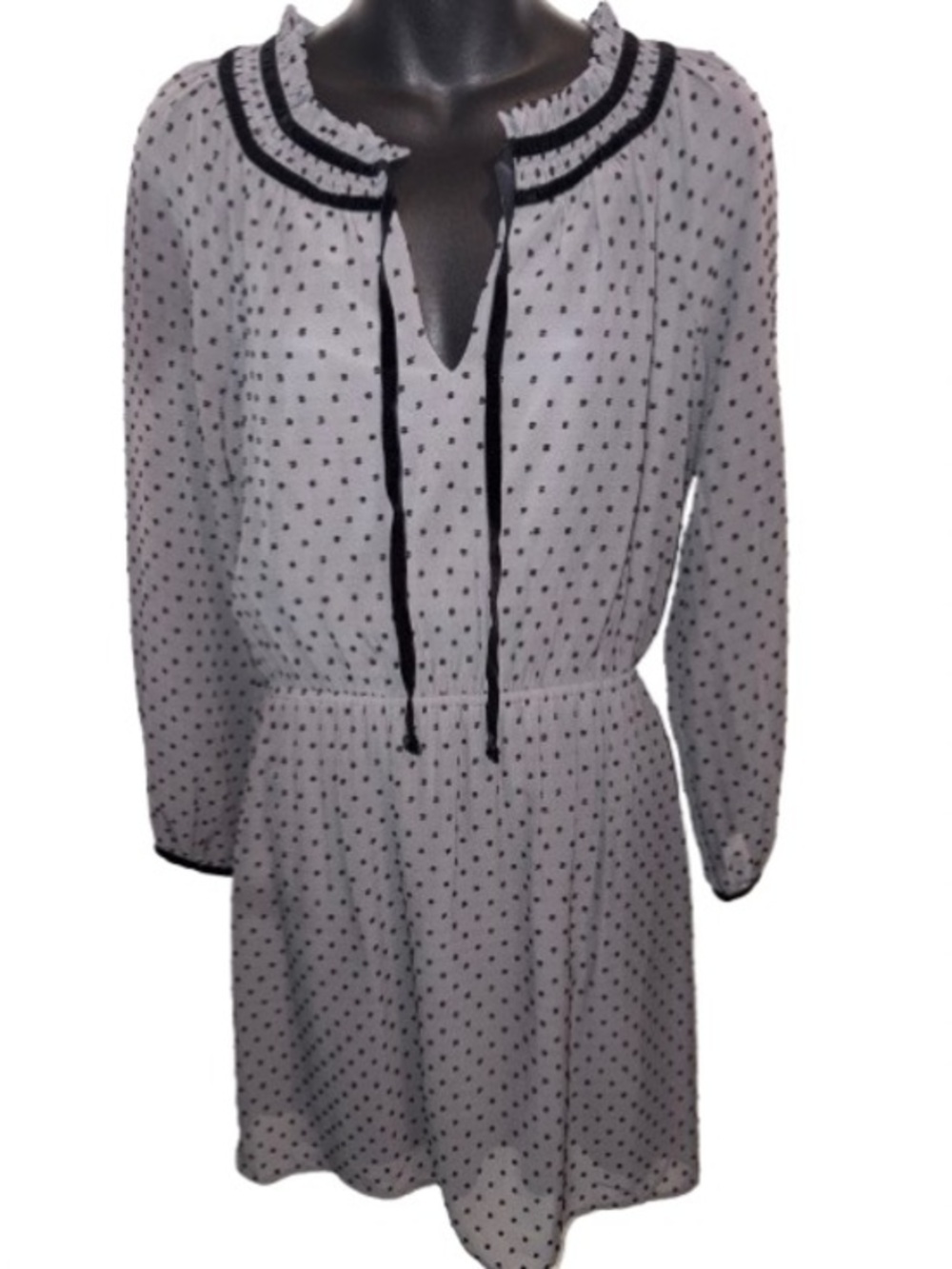 DR2 Gray Polka Dot Long-Sleeve Tie-Neck Dress with Black Trim size XS